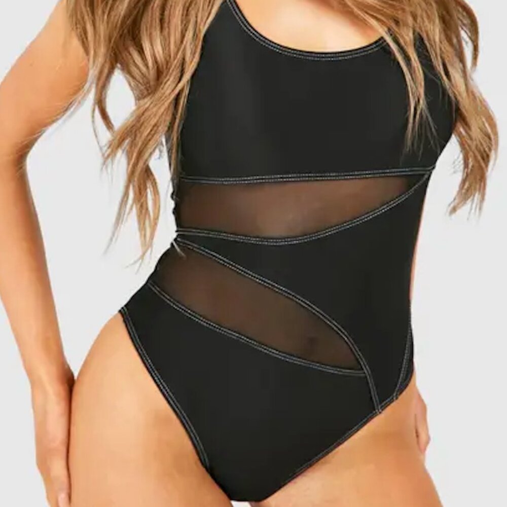 Seam Detail Mesh Insert Scoop Swimsuit